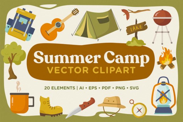 夏日营地主题矢量手绘剪贴画图案素材 Summer Camp Vector Clipart Pack