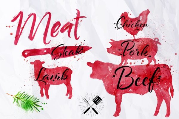 水彩肉类符号 Watercolor Meat Silhoettes