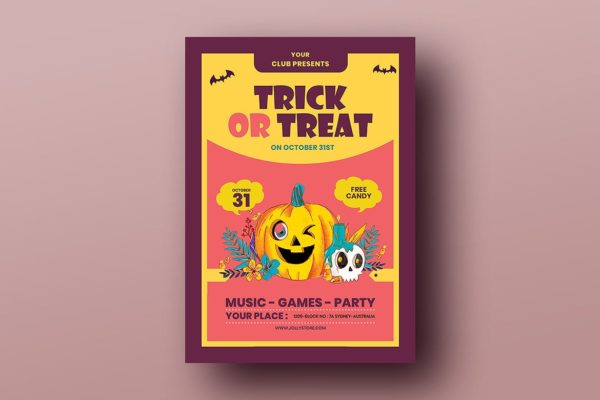 万圣节不给糖就捣乱节日活动宣传海报设计模板 Trick Or Treat Halloween Candy Festival Flyer