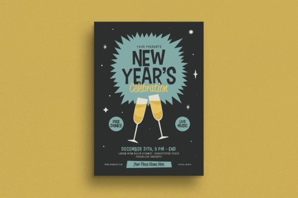 复古设计风格新年主题活动传单海报模板 Retro New Year&#8217;s Event Flyer
