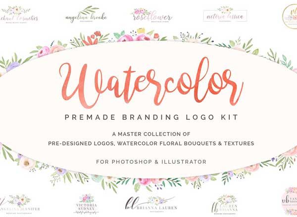 超级水彩风 Logo 设计素材包 Watercolor Premade Branding Logo Kit [模板、纹理&amp;元素]