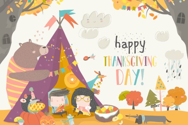 儿童与动物庆祝感恩节主题卡通绘画矢量插画素材 Cute kids celebrating Thanksgiving day with animal