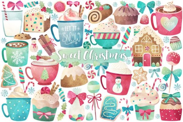 水彩画圣诞树&amp;糖果插画元素 Watercolor Christmas Treats &amp; Sweets