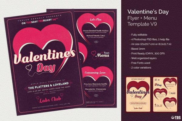 情人节专题菜单+传单PSD模板合集V9 Valentines Day Flyer + Menu PSD V9