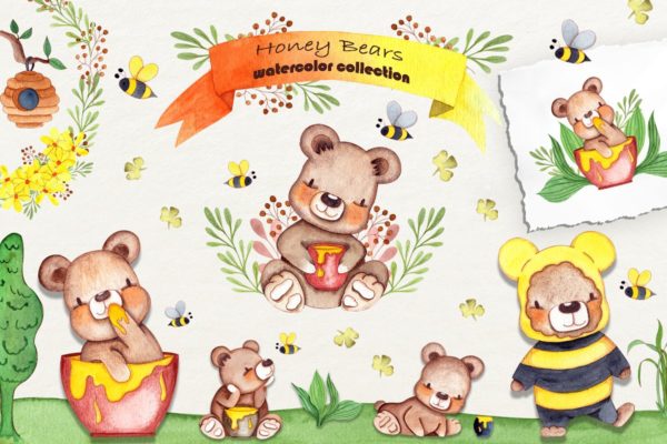可爱的蜜蜂&amp;熊水彩插画合集