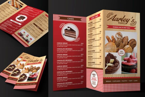 三折页面包店蛋糕点心店菜单PSD模板 Trifold Bakery Menu