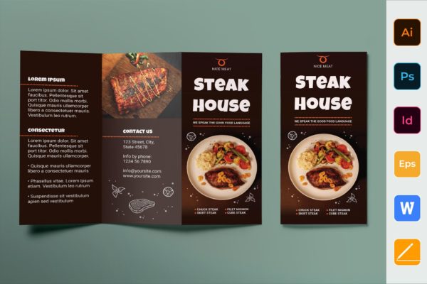 牛排西餐厅三折页设计传单模板 Steak House Brochure Trifold