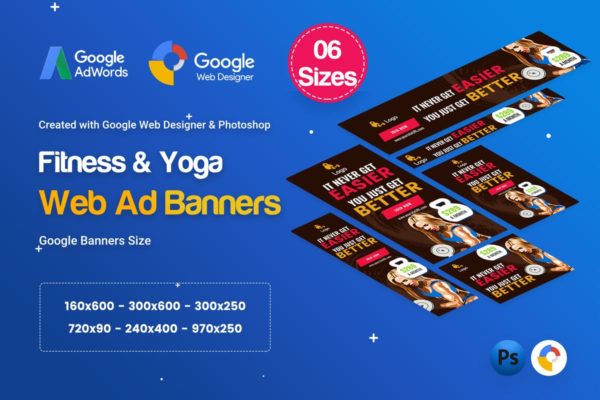 瑜伽＆健身谷歌广告Banner设计模板 Yoga &amp; Fitness Banners Ad D35 &#8211; GWD &amp; PSD