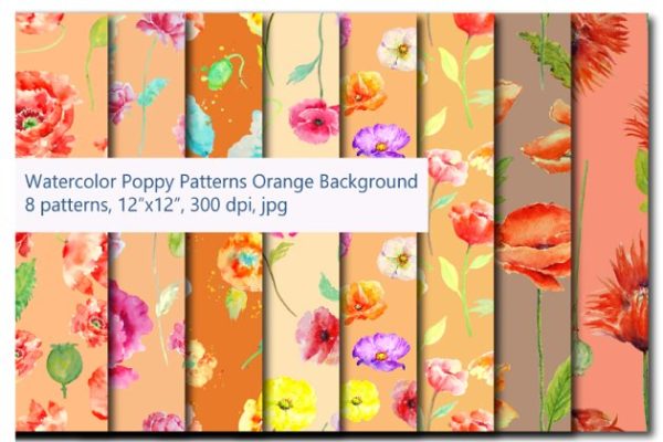 橙色水彩罂粟花图案纹理 Watercolor Poppy Pattern Orange