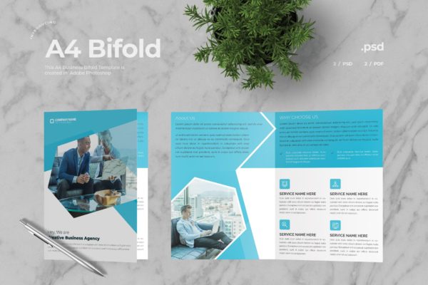 创意代理公司蓝色对折页企业宣传册设计模板v3 Business Bifold Brochure
