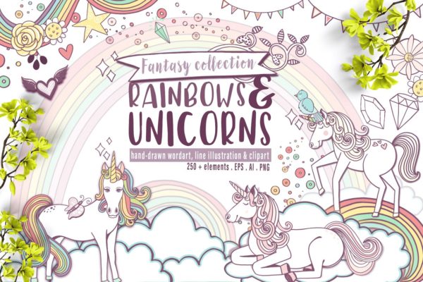 彩虹与独角兽梦幻世界插画元素 Rainbows &amp; Unicorns