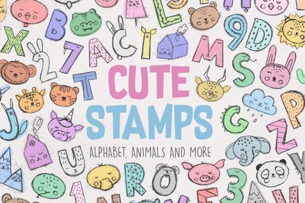 可爱动物、字母、数字矢量图案 Cute Stamps Pro