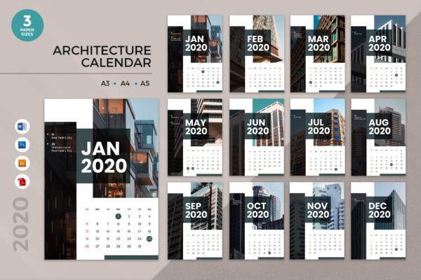 建筑行业主题2020年日历表设计模板 Architecture 2020 Calendar &#8211; AI, DOC, PSD
