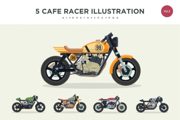 复古老式摩托车矢量插画套装Vol.2 5 Vintage Cafe Racer Vector Illustration Set 2