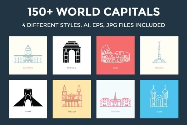 150+国家首都著名建筑矢量插画 150+ World Capitals Illustration