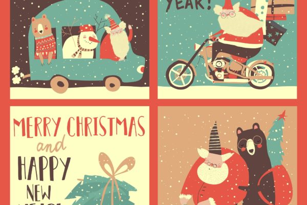 圣诞老人送礼场景手绘圣诞节贺卡设计模板 Vector Set of Christmas cards with Santa s transpo