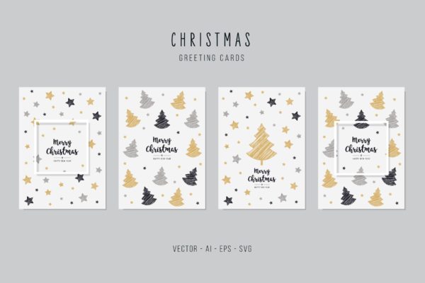 星星&amp;圣诞树图案背景圣诞节矢量贺卡设计模板 Christmas Greeting Vector Card Set