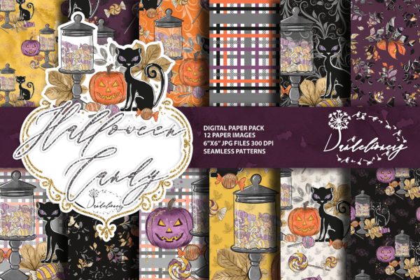万圣节节日元素数码纸张背景图片素材 Halloween Candy digital paper pack