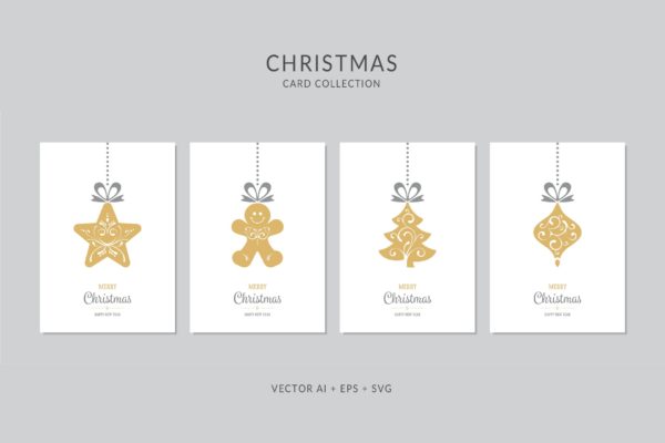 简易圣诞装饰图案圣诞节贺卡矢量设计模板 Christmas Greeting Card Vector Set
