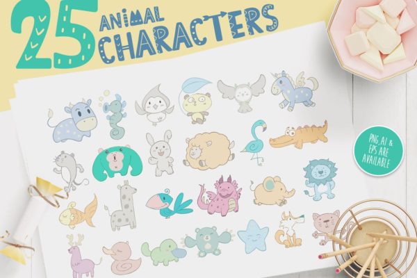 卡通动物手绘图案装饰儿童主题设计素材 Character Animal Decorative for Kids