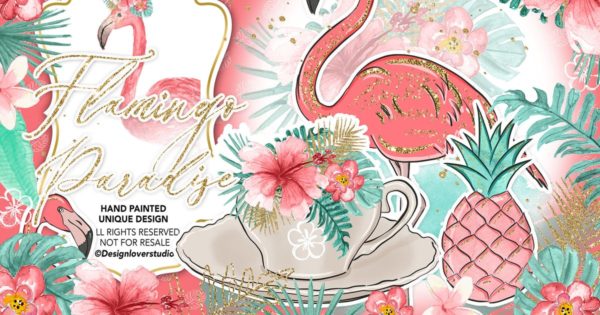 火烈鸟水彩插画设计素材 Flamingos Paradise design