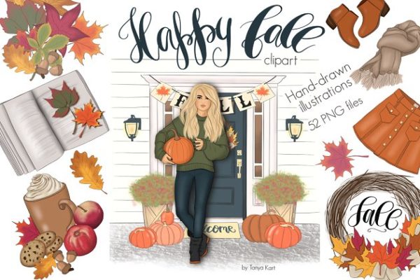 丰收的季节手绘设计插画素材+纹理 Happy Fall Autumn Design Kit