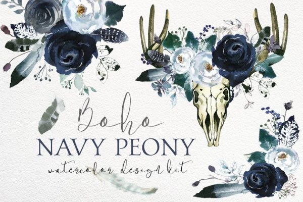 波希米亚式海军蓝牡丹花设计套件 Boho Navy Peony Floral Design Kit