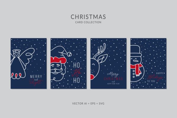简笔画艺术风格圣诞节贺卡矢量设计模板集v7 Christmas Greeting Card Vector Set