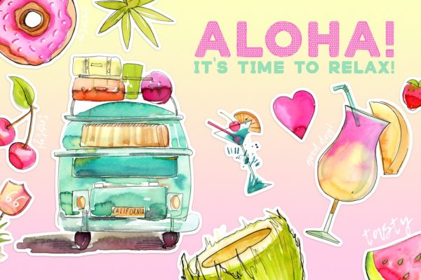 夏日度假主题水彩插画元素 Aloha!!! Time to Relax