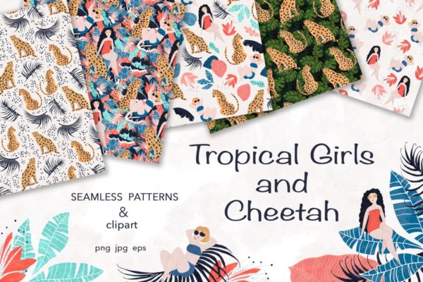 有趣的手绘热带女孩＆猎豹剪贴画 Tropical Girl and Cheetah