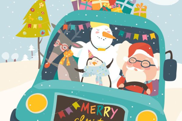 驯鹿、雪人、企鹅&amp;圣诞老人矢量插画 Santa Claus with reindeer, snowman and penguin