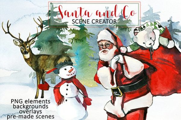 手绘圣诞节主题水彩设计素材包 Santa &amp; Co Christmas Clipart Set