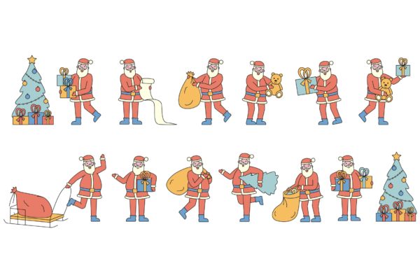 圣诞老人人物形象线条艺术矢量插画素材 Santa Claus Lineart People Character Collection