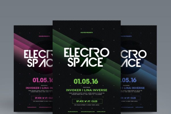 3色企业活动大会宣传海报模板  Electro Space Party
