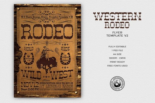 马戏团杂技活动海报宣传PSD模板V.2 Western Rodeo Flyer PSD V2