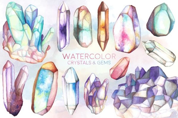 水晶&amp;宝石水彩图案纹理 Watercolor Crystals &amp; Gems Bundle