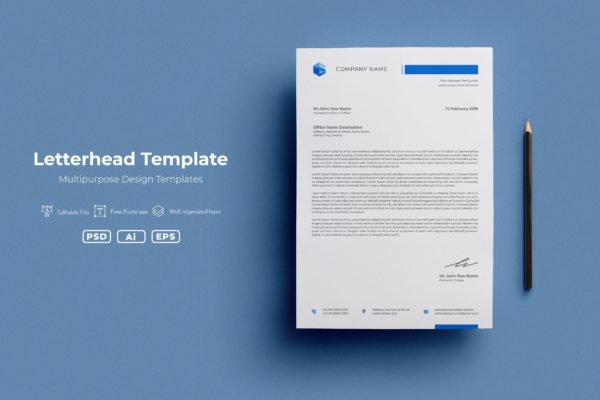 凸显企业品牌的蓝色信纸设计模板v59 SRTP- Letterhead Template.59