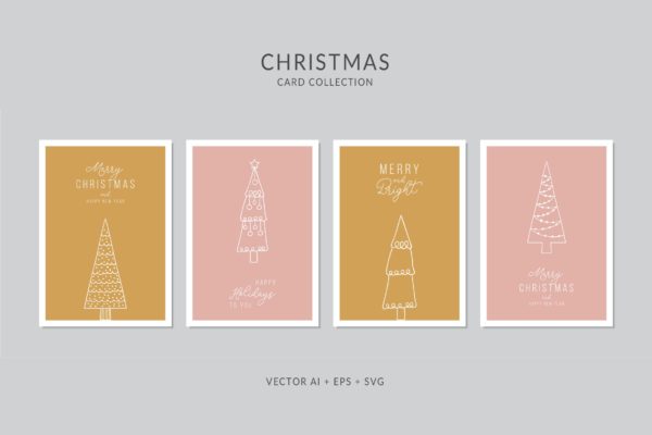 简笔画圣诞树手绘图案圣诞节贺卡设计模板 Christmas Greeting Card Vector Set