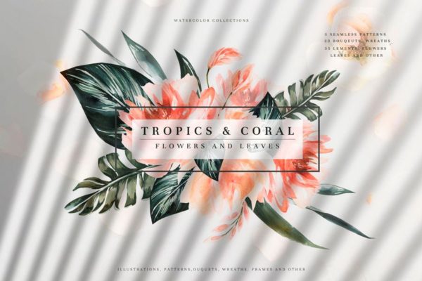热带植物水彩手绘图案设计素材套装 Tropics &amp; Coral Watercolor Set