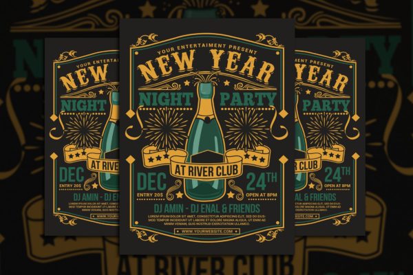 复古设计风格酒吧新年庆祝派对活动海报设计模板 New Year Champagne Party