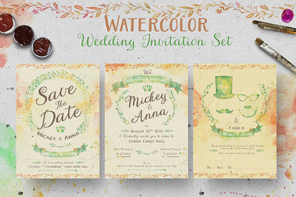 高品质的手绘水墨水彩风格婚礼植物邀请函设计模板