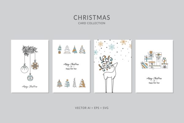 圣诞礼物手绘图案圣诞节贺卡矢量设计模板集v3 Christmas Greeting Card Vector Set
