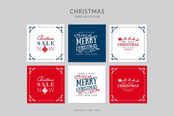 复古装饰框风格圣诞节贺卡设计模板 Christmas Greeting Card Vector Set
