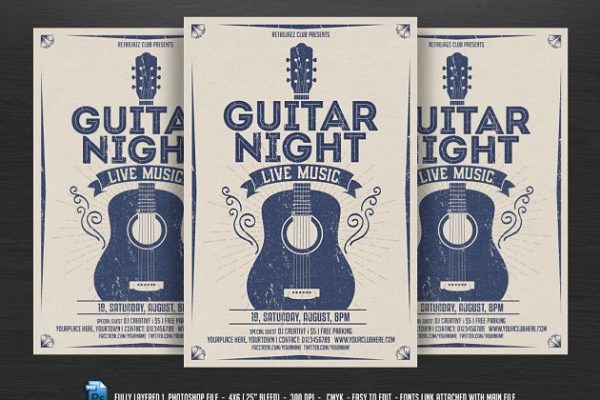 复古吉他之夜音乐活动传单模板 Guitar Night-Vintage Music Flyer