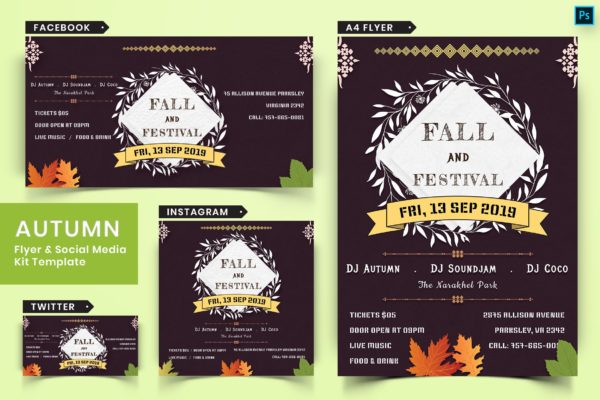 秋季节日主题传单设计和社交媒体设计素材包03 Autumn Festival Flyer &amp; Social Media Pack-03