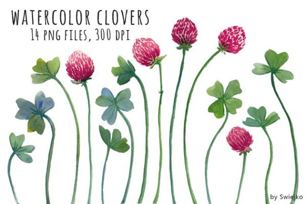简简单单的水彩花卉叶子剪贴画 Watercolor Clipart, Clover