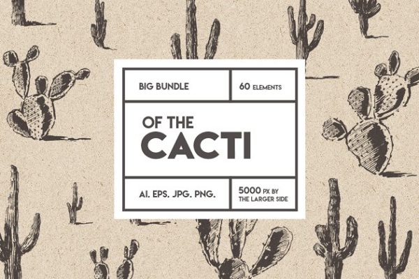 仙人掌素描风格设计素材 Big cacti bundle, sketch style