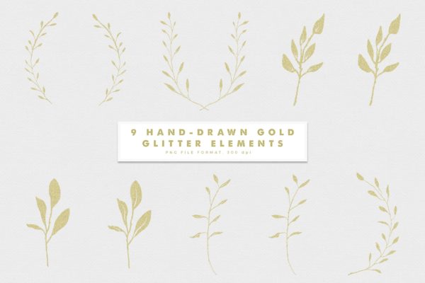9款粉金色彩手绘有机植物图案剪贴画v4 Gold-4 Glitter Hand Drawn Elements