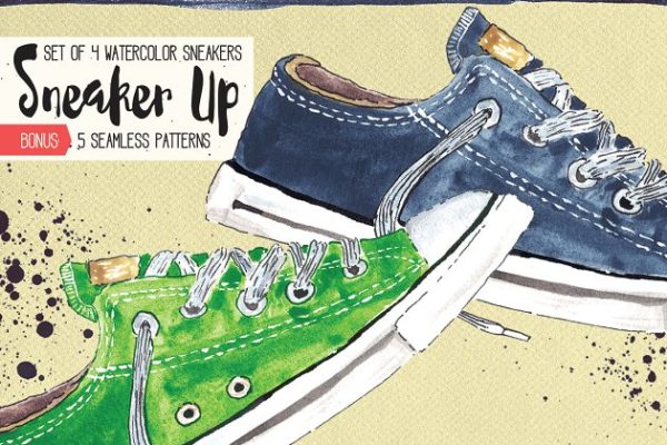 明亮的手绘水彩板鞋插画 Watercolor Sneakers + Bonus