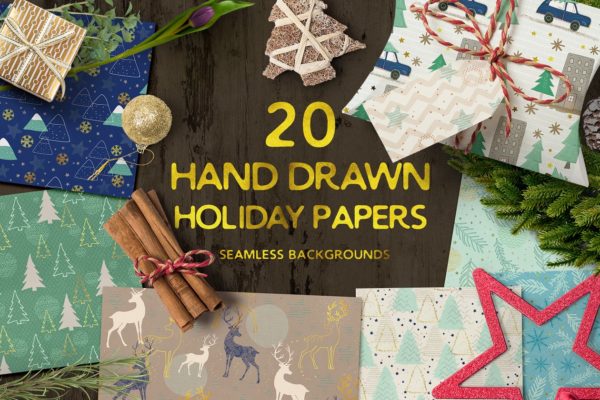 手绘节日元素图案纹理集 Hand drawn seamless holiday papers